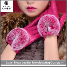 Gute Qualität Neue Damen kurze Hot Pink Leder Handschuhe mit Kaninchen Pelz Manschette